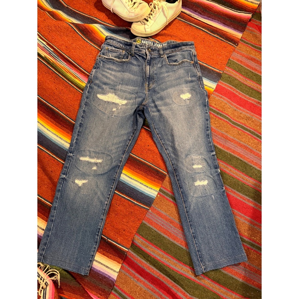 Nautica Jeans Co. Denim Jeans Men 33x35 Blue Bootcut Fade Y2K Distressed Pockets